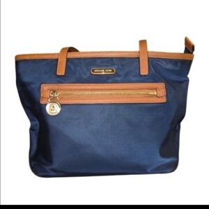 Michael Kors Kempton Nylon Tote Bag In Navy Blue With Tan Handles And Trim